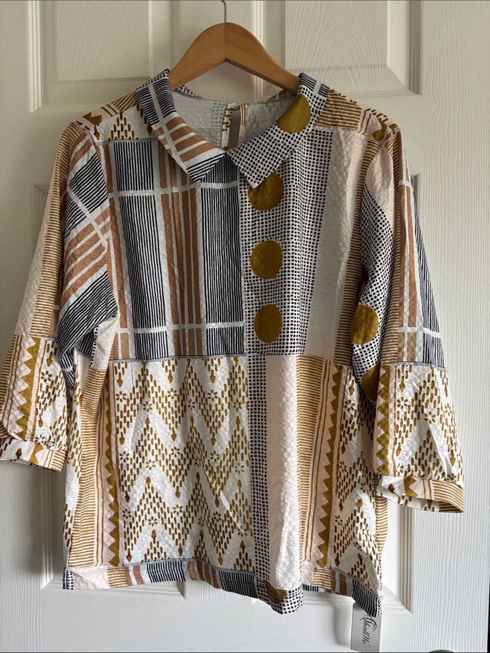 Patterned Boxy Blouse in Mustard, Black & Cream